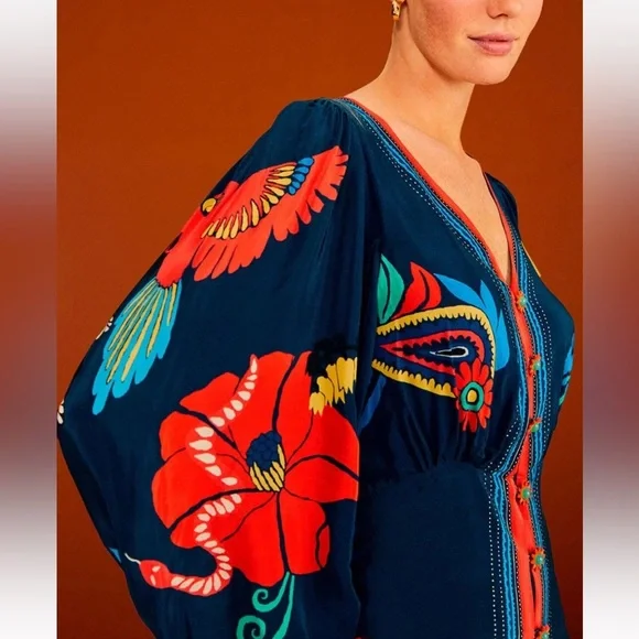 FARM Rio Blue Vintage Forest Midi Dress, Navy Blue Silky Viscose, Large - Picture 4 of 14